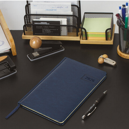 Еженедельник датированный 2026, А5, 145х215 мм, BRAUBERG "Imperial", под кожу, синий, 117174