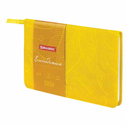Еженедельник датированный 2026 МАЛЫЙ ФОРМАТ 95х155 мм, А6, BRAUBERG "Foliage", под кожу, желтый, 117200