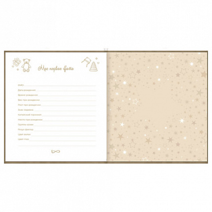 Фотоальбом-анкета детский 23х25 см, 32 листа, стикеры, открытка, конверт, бежевый бархат, BRAUBERG, 391421