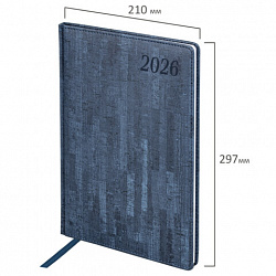Еженедельник датированный 2026 БОЛЬШОЙ ФОРМАТ 210х297 мм, А4 BRAUBERG "Wood", под кожу, синий, 117158