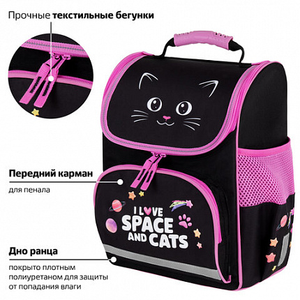 Ранец ПИФАГОР BASIC, 1 отделение, 3 кармана, эргономичная спинка, "Dark kitten", 35х28х18 см, 273134