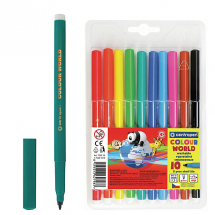 Фломастеры 10 ЦВЕТОВ CENTROPEN "Colour World", круглые, смываемые, 7550/10TP, 775501084