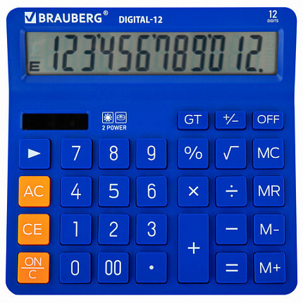 Калькулятор настольный BRAUBERG DIGITAL-12-BL (151х152 мм), 12 разрядов, двойное питание, СИНИЙ, 272969