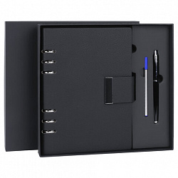 Ежедневник на кольцах в наборе с ручкой А5, 165x229 мм, BRAUBERG "Lux", под кожу, 100 листов, черный, 116856