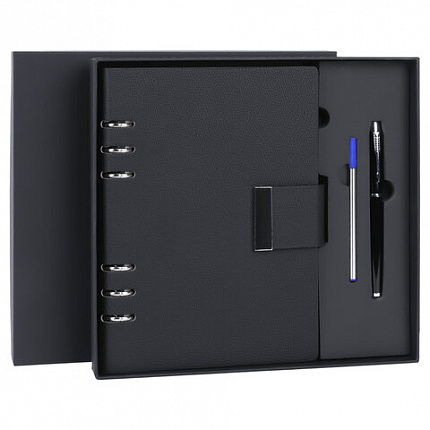 Ежедневник на кольцах в наборе с ручкой А5 165x229мм BRAUBERG "Lux", под кожу, 100 листов, черный, 116856