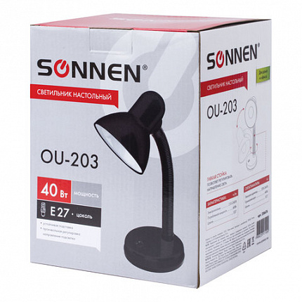 Настольная лампа / светильник SONNEN OU-203, на подставке, цоколь Е27, черный, 236676