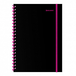 Тетрадь обложка пластик, А4 80 л., спираль пластик, резинка, клетка, BRAUBERG, черный/розовый, 405380