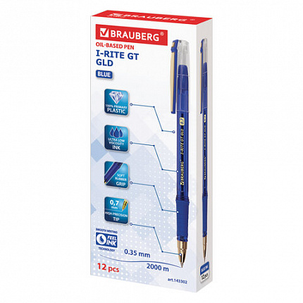 Ручка шариковая масляная с грипом BRAUBERG "i-Rite GT GLD", СИНЯЯ, корпус тонированный синий, узел 0,7 мм, 143302