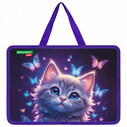 Папка на молнии с ручками BRAUBERG KIDS А4, 1 отделение, пластик, 100 мм, "Любознательный кот", 273376