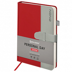 Ежедневник датированный 2026, А5, 138х213 мм, BRAUBERG "Esthetic", под кожу, держатель для ручки, застежка, красный/серый, 117371