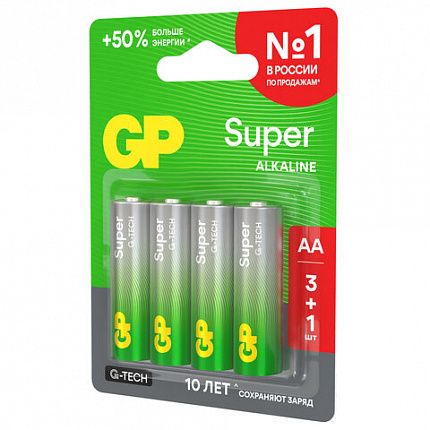 Батарейки КОМПЛЕКТ 4 шт., GP Super G-Tech, AA (LR6,15А), алкалиновые, пальчиковые, ПРОМО 3+1, 15A3/1-2CR4