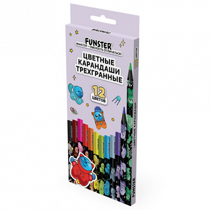 Карандаши цветные FUNSTER (ФАНСТЕР) AMONG CATS, 12 цветов, черный корпус с принтом, трехгранные, 182066