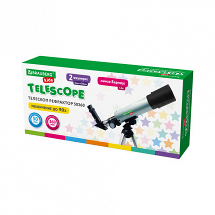 Телескоп рефрактор астрономический настольный, увеличение 90х, объектив 50 мм, фокус 360 мм, видоискатель, 50360, BRAUBERG KIDS, 391396