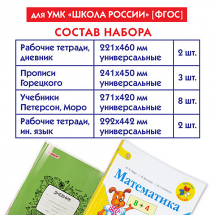 Набор обложек для начальных классов 15 шт., 221х460-2 шт, 241х450-3 шт, 271х420-8 шт, 292х442-2 шт, клейкий край, ПП 80 мкм, ПИФАГОР, 271264