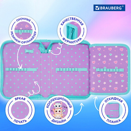 Пенал BRAUBERG, 1 отделение, 1 откидная планка, полиэстер, 21х14 см, "Funny kittens", 273523