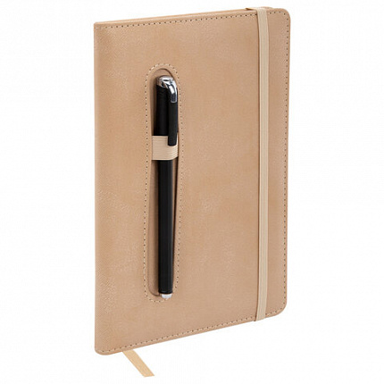 Блокнот А5 148x218 мм BRAUBERG "Optimal", под кожу, 80 листов, резинка, держатель для ручки, клетка, бежевый, 118636