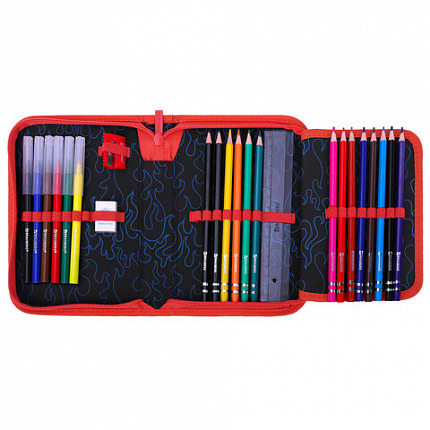 Пенал BRAUBERG с наполнением, 1 отделение, 1 откидная планка, 24 предмета, 21х14 см, "Foggy car", 273533