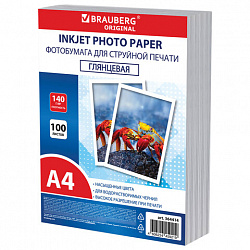 Фотобумага глянцевая, А4, 140 г/м2, односторонняя, 100 листов, ПАКЕТ, BRAUBERG ORIGINAL, 364414