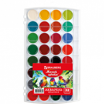 Краски акварельные BRAUBERG "МАГИЯ ЦВЕТА" 32 цвета, медовые, круглые кюветы, пенал, 192684