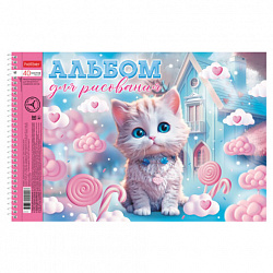Альбом для рисования А4 40 л., спираль, металлизация + выборочный лак, HATBER, 198х300 мм, "Котики-зефирки" (4 вида), 085245, 40А4мтлВсп