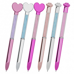 Ручка поворотная с топпером шариковая FUNSTER (ФАНСТЕР) "SHINY HEART&PAW", СИНЯЯ, ассорти, пишущий узел 0,7 мм, 144519