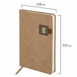 Ежедневник датированный 2026 А5 138х213 мм, BRAUBERG "Accent", под кожу, держатель, бежевый/коричневый, 117388