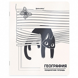 Тетрадь предметная КОТ-НЕПОСЕДА 48 л., пластиковая обложка, ГЕОГРАФИЯ, клетка, подсказ, BRAUBERG, 405531