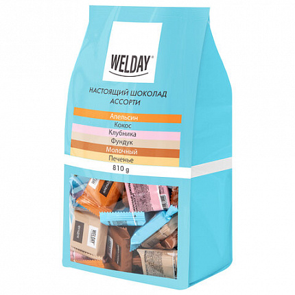 Шоколад порционный WELDAY (ВЭЛДЭЙ), ассорти 6 вкусов, 810 г (54 плитки по 15 г), пакет, 622409