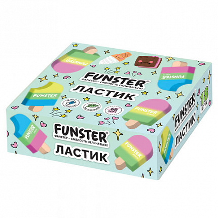 Ластик фигурный FUNSTER (ФАНСТЕР) "АЙСКРИМ", 55х29х12 мм, цвета ассорти, экологичный ПВХ, пакет, 274015