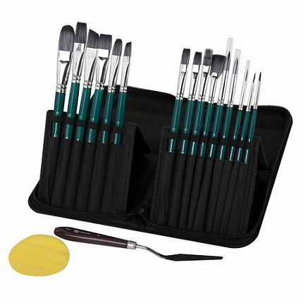Кисти художественные набор 15 шт + мастихин в пенале, синие, синтетика, BRAUBERG ART