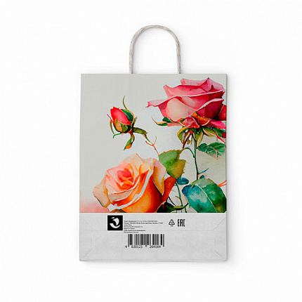 Крафт-пакет бумажный "Розы" 22х12х25 см, с кручеными ручками, плотность 100 г/м2, белый, 114164