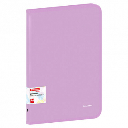 Папка объемная на молнии пластиковая BRAUBERG PASTEL, А4, 330х240мм, 600мкм, цвет лиловый, 271971