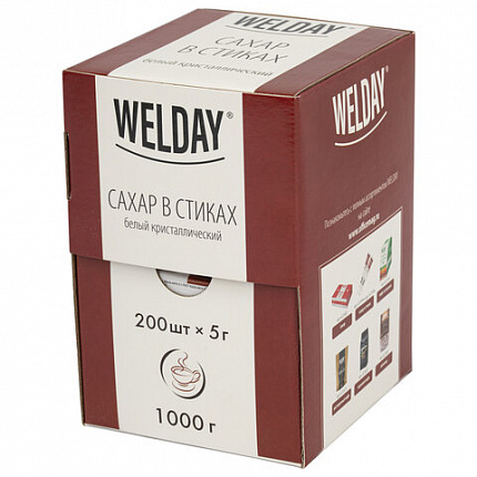 Сахар порционный OFFICE-BOX WELDAY (ВЭЛДЭЙ) в стиках по 5 г, 200 штук, 1 кг, 624095