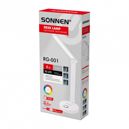 Настольная лампа светильник ночник SONNEN RG-001, LED, 6 Вт, 3 режима, RGB подсветка, белый, 238774