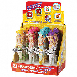 Ручка фигурная "РУСАЛОЧКИ", СИНЯЯ, 4 дизайна ассорти, линия письма 0,5 мм, дисплей, BRAUBERG, 142761