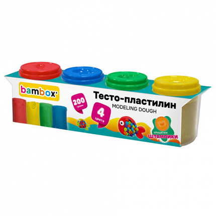 Тесто пластилин для лепки СУПЕР ПЛАСТИЧНОЕ, 4 цвета, 200г, крышки-штампики, BAMBOX (БАМБОКС), 107247
