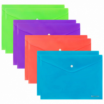 Папка-конверт с кнопкой А4, КОМПЛЕКТ 8 шт., яркие неоновые цвета ассорти, BRAUBERG "NEON", 272871
