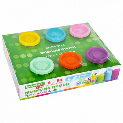 Пластилин-тесто для лепки BRAUBERG KIDS, 6 цветов, 300, 10 формочек, шприц, стек, крышки-штампики, 106719