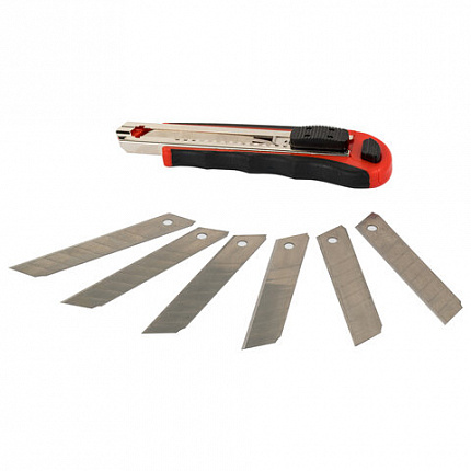 Нож канцелярский 18 мм BRAUBERG "Universal" с АВТОЗАМЕНОЙ ЛЕЗВИЙ, 6 лезвий в комплекте, автофиксатор, 230922