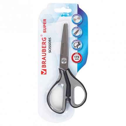 Ножницы BRAUBERG "SUPER", 175 мм, серо-черные, 2-х сторонняя заточка, эргономичные ручки, 237295