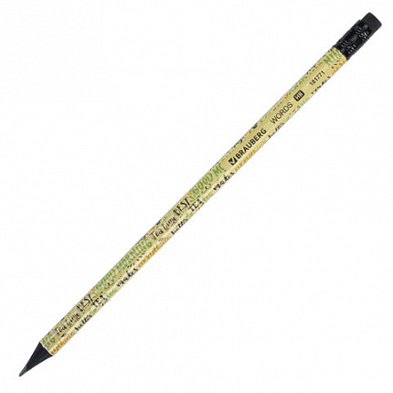 Карандаш чернографитный BRAUBERG "WORDS", 1 шт., HB, с ластиком, корпус ассорти, 181771