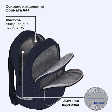 Рюкзак BRAUBERG INTENT, 2 отделения, 4 кармана, "Темно-синий", 39х27х14 см, 273113