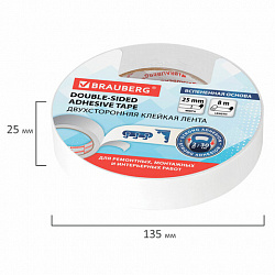 Клейкая двухсторонняя лента 25 мм х 8 м, НА ВСПЕНЕННОЙ ОСНОВЕ, 1 мм, прочная, BRAUBERG, 600487