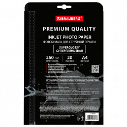Фотобумага PREMIUM суперглянцевая, А4, 260 г/м2, односторонняя, 20 листов, BRAUBERG, 364004
