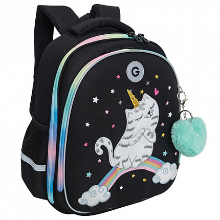Ранец GRIZZLY анатомическая спинка, c брелоком, для девочек, RAINBOW CAT, 36х28х20 см, RAz-486-2/1