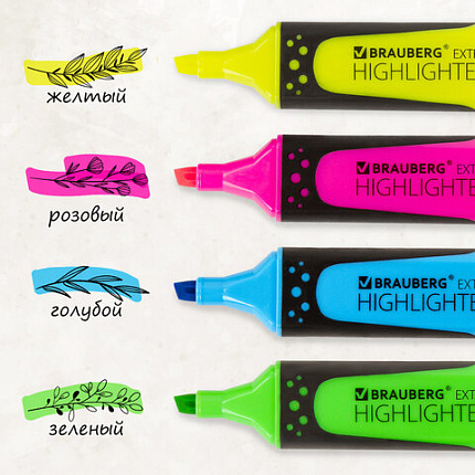 Набор текстовыделителей BRAUBERG 4 шт., АССОРТИ, "EXTRA", прорезиненный корпус, линия 1-5 мм, 151746
