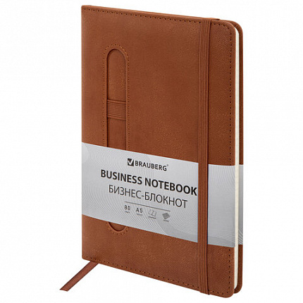Блокнот А5 148x218 мм BRAUBERG "Optimal", под кожу, 80 листов, резинка, держатель для ручки, клетка, коричневый, 118637