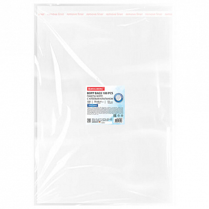 Пакеты БОПП с клеевым клапаном, КОМПЛЕКТ 100 штук, 30х40 + 4 см, 53 мкм, с усиленным швом, BRAUBERG, 700418