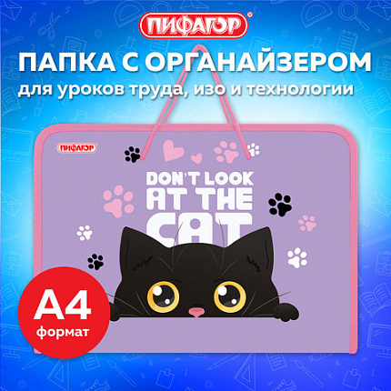 Папка для труда на молнии с ручками ПИФАГОР А4, 1 отделение, пластик, органайзер, "Observer cat", 274538