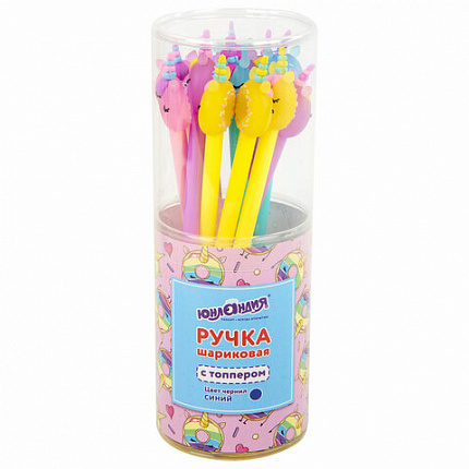Ручка с топпером шариковая ЮНЛАНДИЯ "Единорог-пончик", корпус ассорти, СИНЯЯ, пишущий узел 0,7 мм, 143803